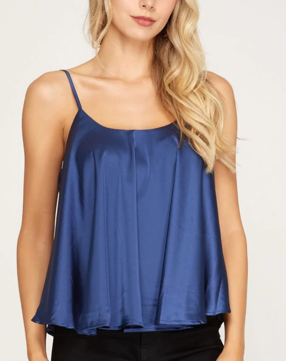 SHE + SKY NAVY BLUE ROUNDED NECK SATIN CAMI TOP